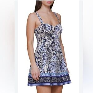 Avec Les Filles Sweetheart Neck Mini Sundress in Blue and White size 8
